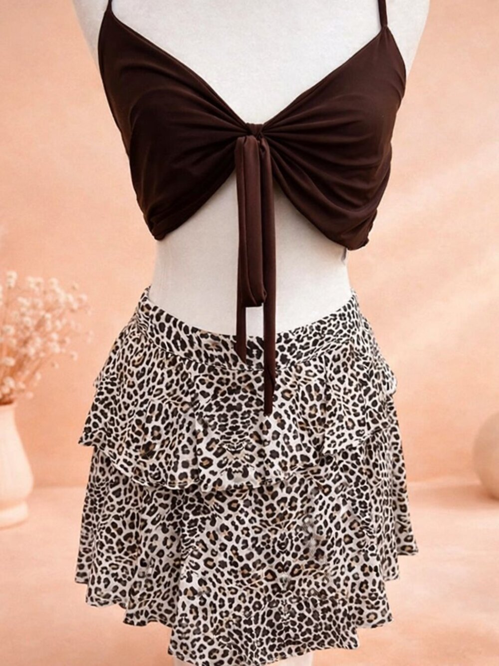 ZARA Leopard Ruffle Skirt & Brown Crop Top Boho Chic Edgy Animal Print
